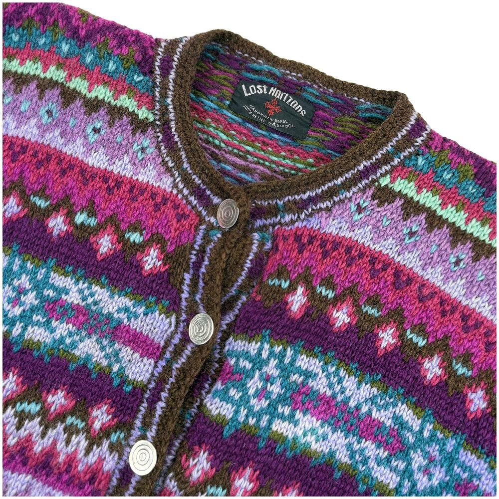 Lost Horizons Hand Knit Nepal Wool Cardigan Womens L Purple Multicolor Fair Isle